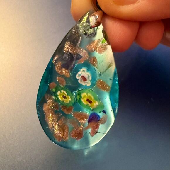 Light Blue Sparkly Artisan Millefiori Faceted Glass Pendant - Picture 9 of 9